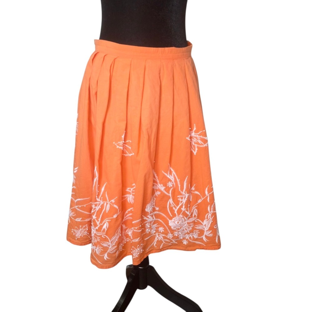 Anthropologie Biographie Embroidered Midi Skirt Womens M Orange Floral Bohemian